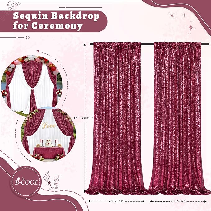 B-COOL Burgundy Sequin Backdrop Curtains 2 Packs 2ftx8ft Sparkle Backdrop Fabric Glitter Backdrop for Party Ceremony Wedding Birthday Decoration