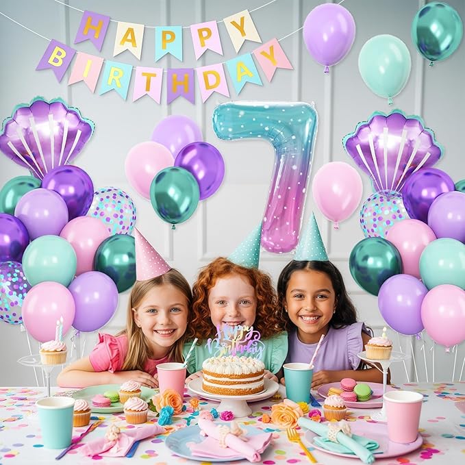 7th Mermaid Birthday Decoration,Metallic Purple Pink Green Blue Latex Balloons for Girls Party Decoration Number 7 Seashell Foil Balloons Banner Cake Topper Mermaid Sea Decorations
