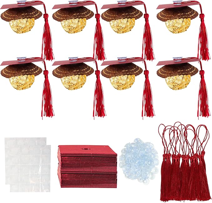 Gyufise 36Pcs Graduation Decorations 2026 Graduation Cap Cupcake Toppers Chocolate Decorations Mini Grad Cap Decor with Tassel Adhesive Dots for Class of 2026 Congrats Grad Wine Red