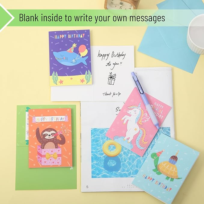 Mr. Pen- Happy Birthday Cards for Kids, 3.75" x 5.2", 48 Pack with Envelopes, 6 Colorful Animal Designs, Kids Birthday Card