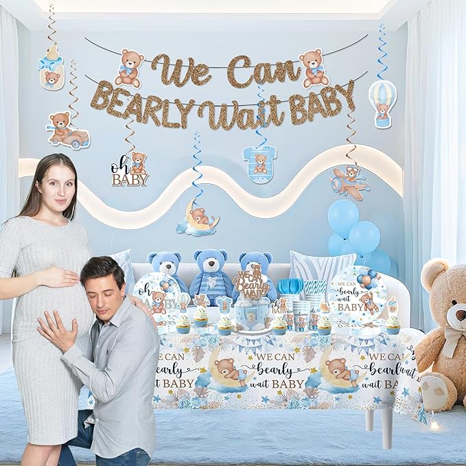 216PCS Blue Baby Shower Decorations Serves 25, Boy Baby Shower Include Banner, Plates, Balloons, Cake Topper and Tablecloths, for Baby Boy Shower Decorations