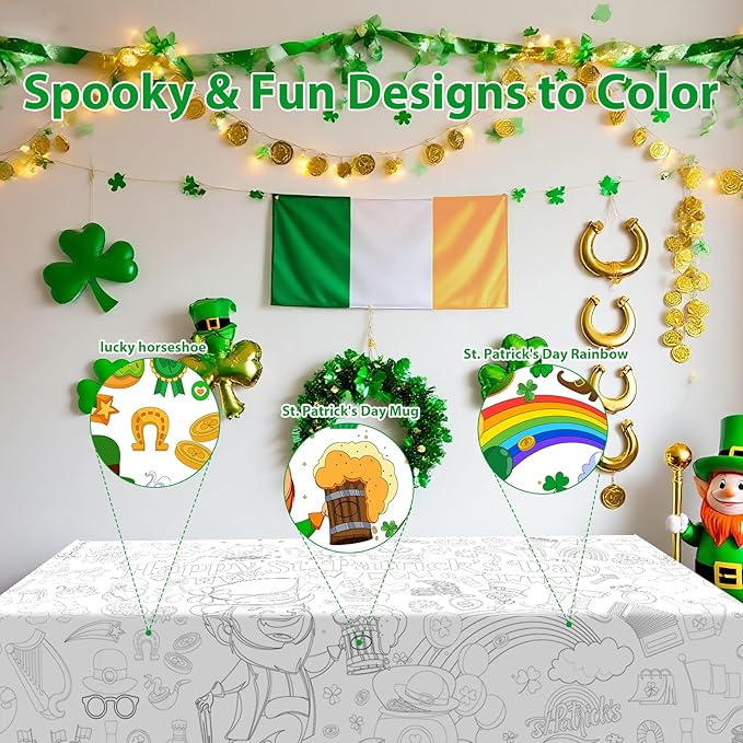 AinDen St. Patrick's Day Giant Coloring Poster/Tablecloth -30 x 72 Inches Jumbo Paper Coloring Banner Kids Gifts Party Decorations - St Pattys Day Crafts for Kids