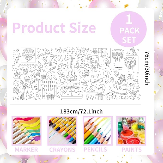 30x72 Inches Happy Birthday Giant Coloring Poster, Drawing Paper Coloring Tablecloth, Birthday Activity Poster/Table Cover, Party and Special Events Decoration, Party Games for Kids