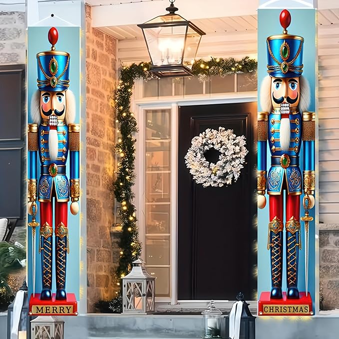 Blue Nutcracker Christmas Porch Banner Set 71"x12" Christmas Door Banner Xmas Nutcracker Soldier Outdoor Doorway Hanging Sign for Front Yard Holiday Kids Party Xmas Decoration