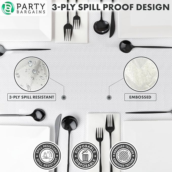 PARTY BARGAINS Disposable Table Covers, 54 x 108 Inch, White, 3-Ply Paper & Plastic Spill-Resistant Party Tablecloths, 5 Pack
