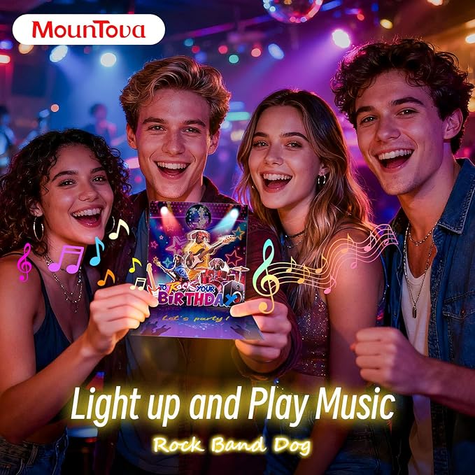 Birthday Card, Funny Birthday Cards for Men Women Kids, Exquisite MUSICAL & SHAKING & LIGHTING Rock Band Dog Pop-up Greeting Card Gifts with Envelope, 6.1 x 6.1 Inch