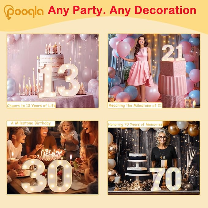Pooqla Decorative LED Light Up Number Letters, White Plastic Marquee Number Lights Sign for 67th Birthday Party Wedding Decor, Battery Operated