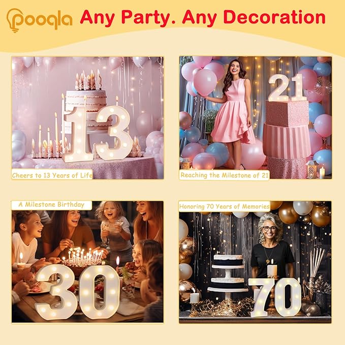 Pooqla Decorative LED Light Up Number Letters, White Plastic Marquee Lights Sign for Birthday Party Wedding Decor, Battery Operated (15)