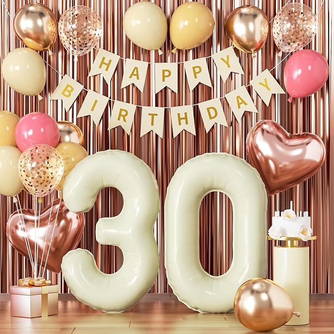 30th Birthday Decorations for Women, Retro Sand White and Cream Balloon Garland Kit, Cream Number 30 Balloon, Pink Happy 30th Banner, Milestone Party Supplies