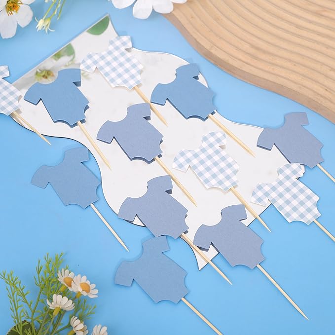 Blue Bodysuit Cake Topper - Blue Gingham Cake Topper,Baby Shower Decoration,Girl Boy/Gorl Baby Shower Decor(blue)
