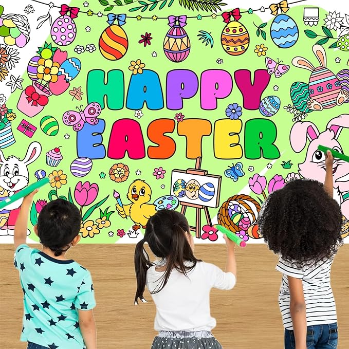 Easter Giant Coloring Poster/Tablecloth, Crafts for Kids, 30 x 72 Inches Jumbo Coloring Banner, Versatile Paper Table Cover for Easter Party Favors, Wall Decoration