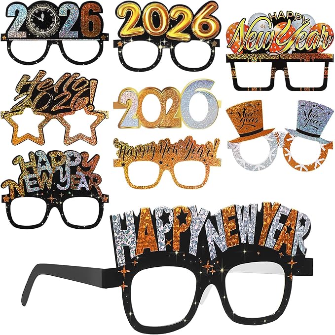 PRETYZOOM 9Pcs 2026 Happy New Year's Eve Eyeglasses: Year of Horse Glasses Nye Party Favor for 2026 Supplies Glitter Holiday Glasses Decorations