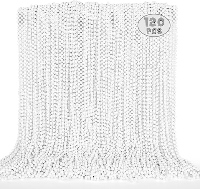 120PCS Bead Necklaces Party Favors, White Mardi Gras Beads Stuff Accessories, 33" 6mm Round Holiday Necklace Decorations Bulk, White Bead for Wedding Birthday School Celebrations Parade Throws