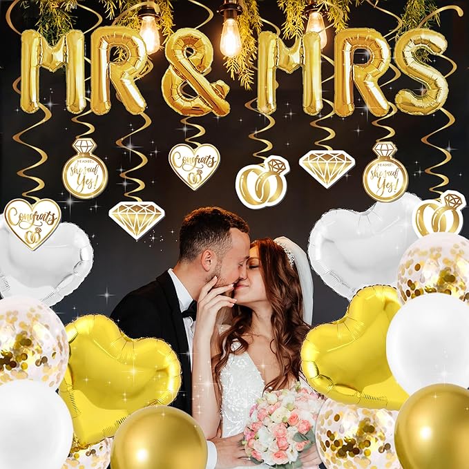 Gold Engagement Party Decorations Kit - Happy Engagement Glitter Banner, MR & MRS Foil Balloons, Giant Diamond Ring Balloon, Tablecloth, Photo Booth Props and Future Mr Mrs Sashes Decor Set