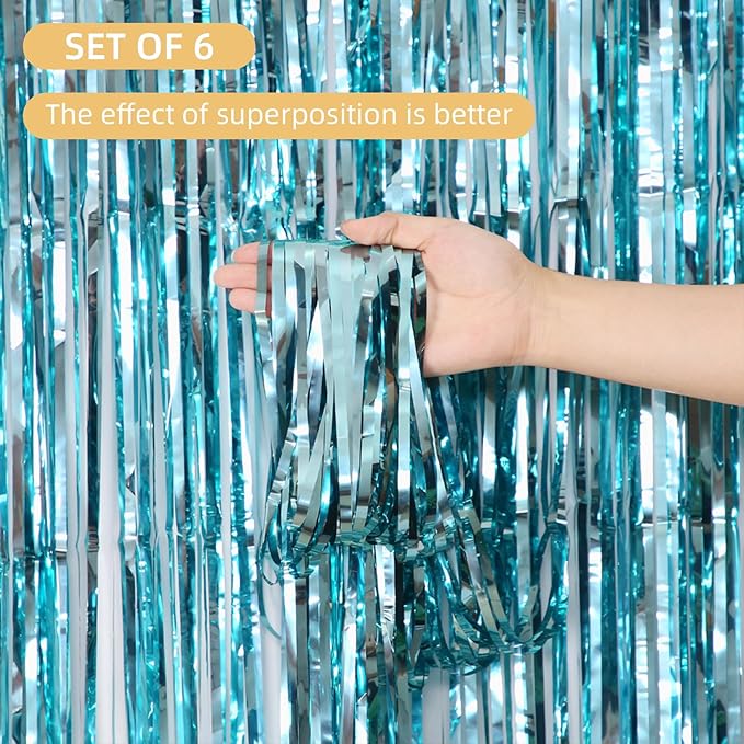 6 Pack Blue Foil Curtain Backdrop 3.2ft x 6.6ft Metallic Tinsel Fringe Backdrop Curtains Streamer Photo Booth for Birthday Engagement Bachelorette Christmas Holiday Party Decorations