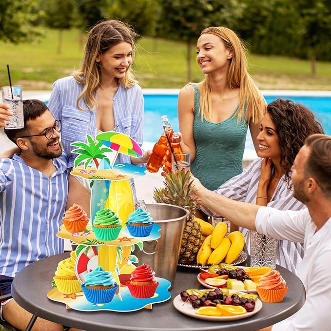 Summer Beach Luau Hawaiian Cupcake Stand Decorations 3 Tier Pool Theme Cake Holder Dessert Stand Tower for Kids Office Classroom Beach Birthday Party Baby Shower Wedding Party Supplies