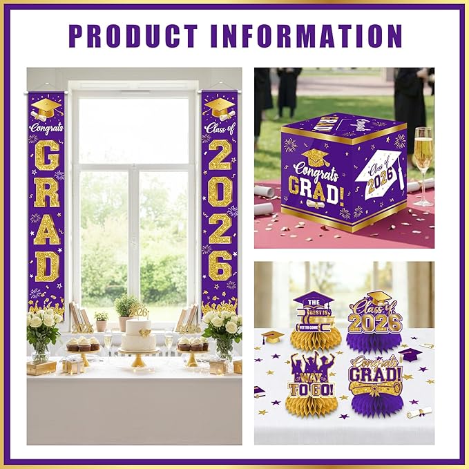 2026 Graduation Decorations - Purple Congrats Grad Party Supplies include Card Box, Backdrop, Banner and Balloons for Class of 2026 Decorations Set