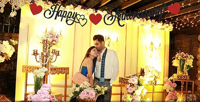 Pre-Strung Happy Anniversary Banner - Black Glitter Decorations, Perfect for Wedding & Work Anniversary Parties, Photo Booth Props