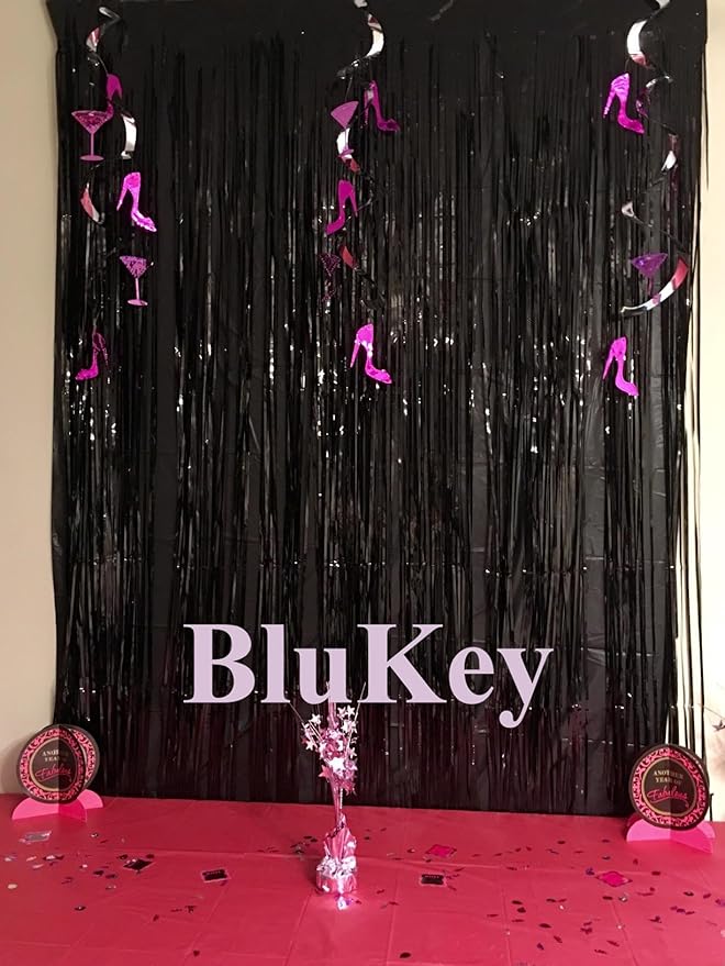 2 Pack 3ft x 8ft Foil Fringe Backdrop Metallic Tinsel Door Window Curtain Party Photo Booth Props for Birthday Bachelorette Wedding Graduation Party Decorations (Black)