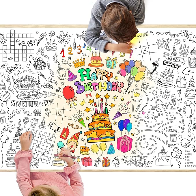 GWHOLE Happy Birthday Coloring Tablecloth, 40x28 Inch Coloring Poster Coloring Table Cloth for Kids Gift Birthday Parties, Classroom Activities