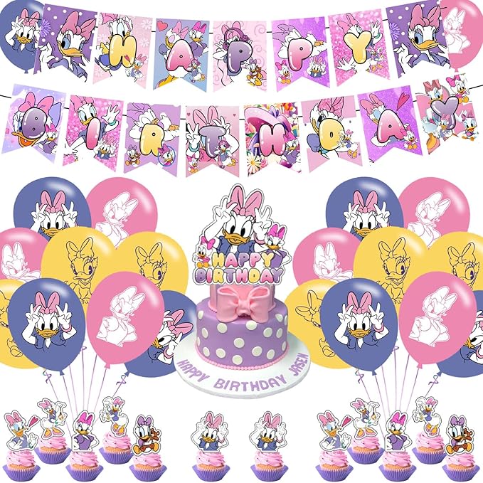 Daisy Duck Party Decoration Set - Movie Theme Banner, Cake Topper, Latex Balloons for Fan's Birthday Supplies