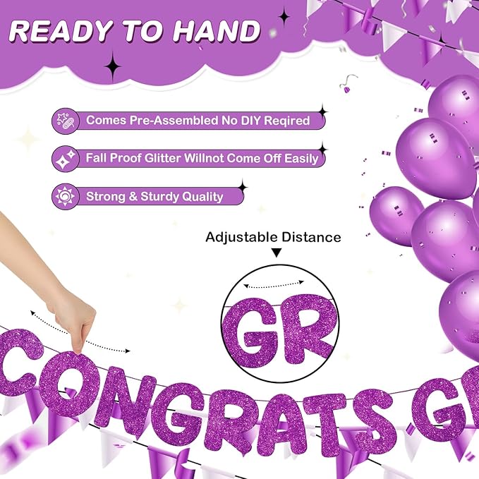 Fulmoon Pre Strung Congrats Grad Banner Glitter Congratulations Banner College Graduation Sign Class of 2026 Grad Party Decorations for High School University Graduation Party Favor(Purple)