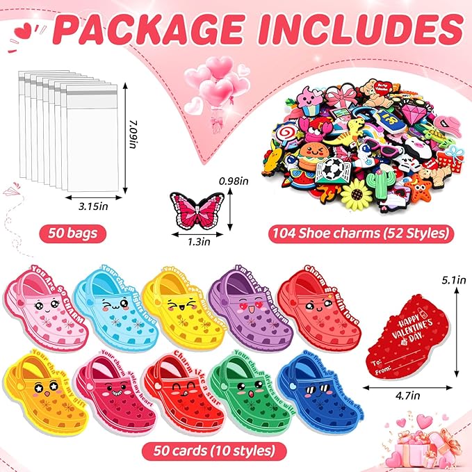 152 Pcs Valentines Day Cards Sets for Kids School Valentines Classroom Gifts for Kids 50 Pcs Bulk Exchange Card with 102 Pcs Shoe Charms for Boys Girls Toddlers Valentine Party Class Favors