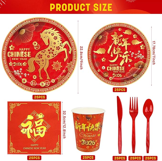 176Pcs Chinese New Year Paper Plates & Napkins Sets,Chinese New Year Dinnerware Sets Including Cups Plastic Cutlery Disposable Tablecloth for Lunar Years Supplies Decor,Serves 25