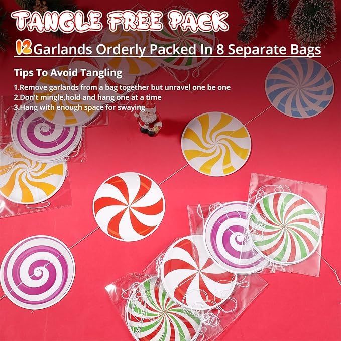 Faccito 8 Pcs Christmas Peppermint Candy Hanging Decorations Christmas Ceiling Decorations Paper Garland for Xmas Party Winter Holiday Birthday Decor(Mixed Candy)