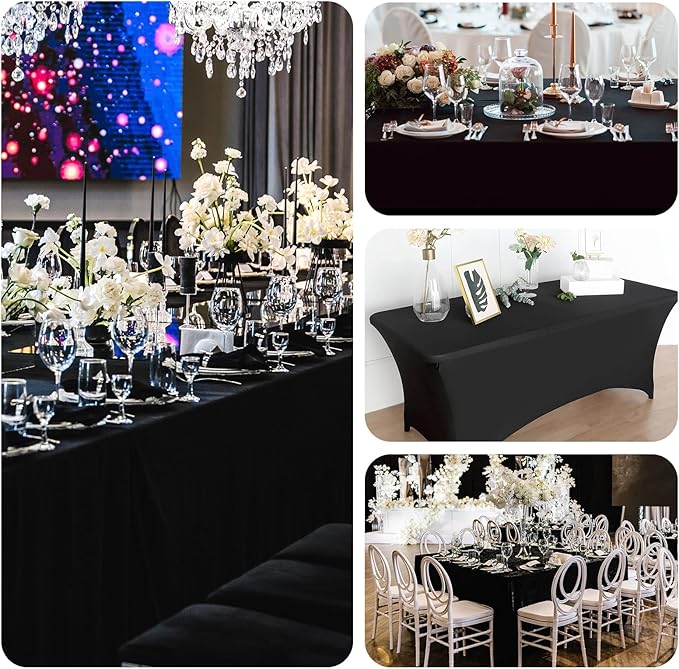 Fixwal Table Cloths for 8 Foot Rectangle Tables, 2 Pack, Black Table Cloths Rectangle 8FT, Fitted Tablecloth, Stretch Spandex Table Cover (96L x 30W x 30H Inch)