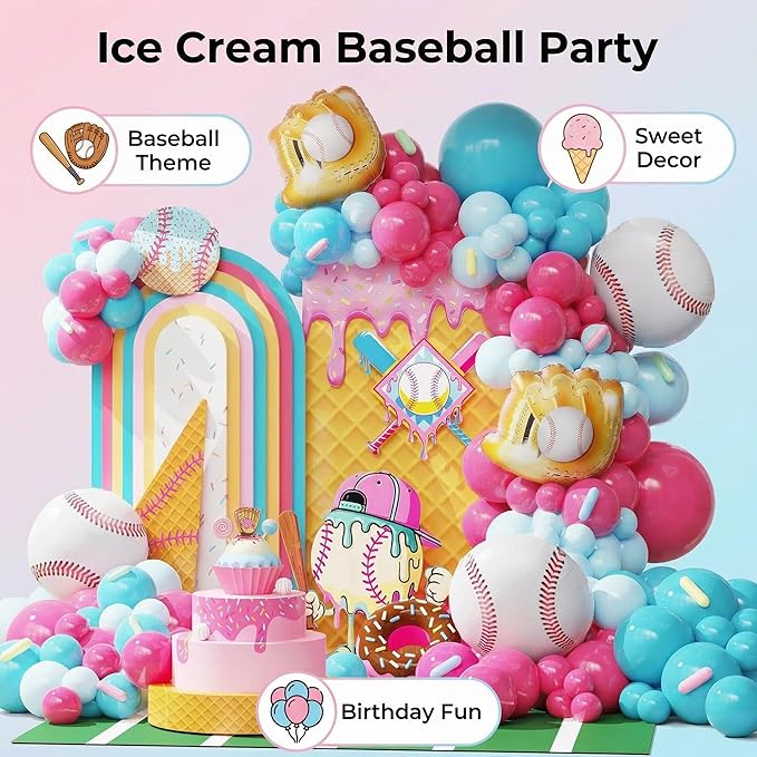 Ice Cream Drip Baseball Birthday Party Decorations, 133PCS Baseball Balloon Arch Garland Kit Ice Cream Theme Hot Pink Latex Balloons with Baseball Foil Balloons for Birthday Baby Shower Party Supplies
