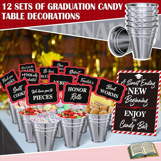 12 Set 2026 Graduation Candy Buffet Party Decoration Graduation Table Candy Bar Snack Labels Signs and 5'' Buckets with Handle for Class of 2026 Party Parties Supplies(Pure Style,Black,Red and Sliver)