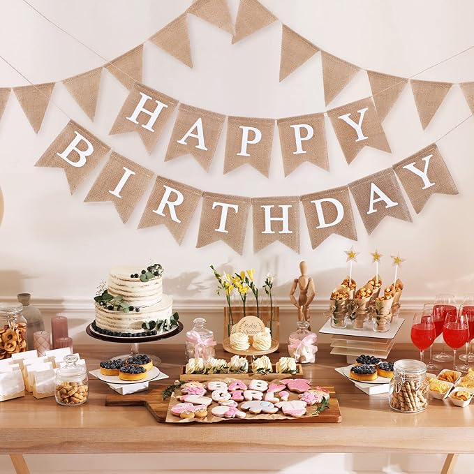 Irenare 4 Pieces Happy Birthday Banner Colorful Birthday Party Decor Rainbow Felt Garland Banner Rainbow Party Decorations Supplies(Linen)
