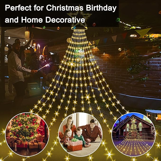 Onory Christmas Outdoor Star String Lights 23FT 860 LED Waterproof Waterfall Tree Lights with Star Topper, 8 Modes Christmas Decorations Outdoor Tree Lights for Patio, Yard, Party Holiday Dec