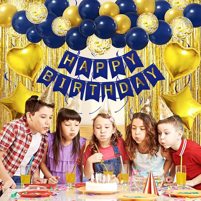 Navy Blue Gold Birthday Decorations, Bday Party Supplies for Men Women Boys Girls with Happy Birthday Banner, Confetti Balloons, Fringe Curtain, Heart Star Foil Balloons, Hanging Swirls