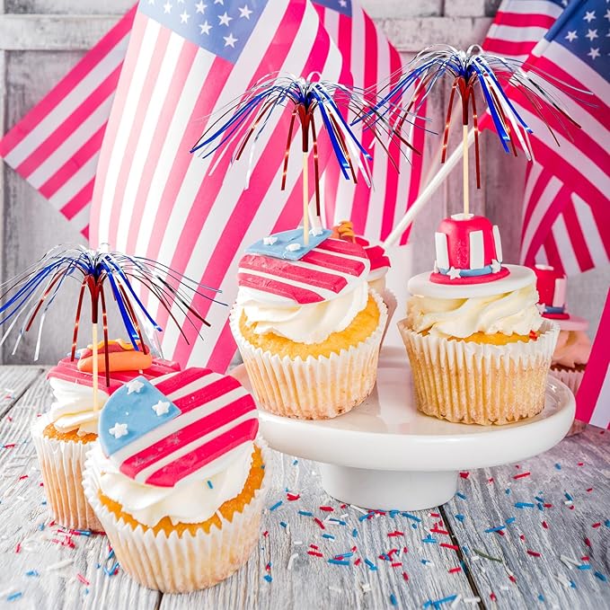 100 Pack 4th of July Cocktail Picks,6inch Patriotic Fireworks Toothpicks for Appetizers,Red White Blue Bamboo Skewers Sticks for Fourth of July Party Supplies Independence Day Decorations