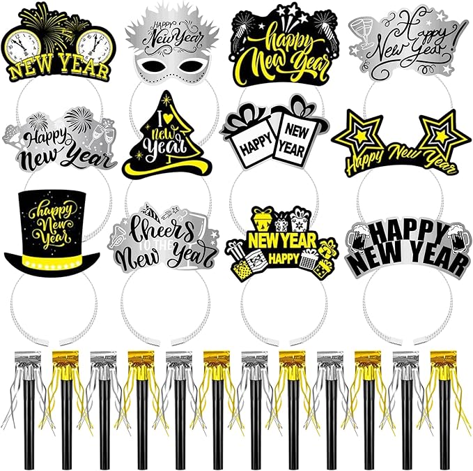 Openfly New Years Eve Party Supplies 2026 Happy New Year Headband Tiara New Year Fringed Noise Makers Party Favors