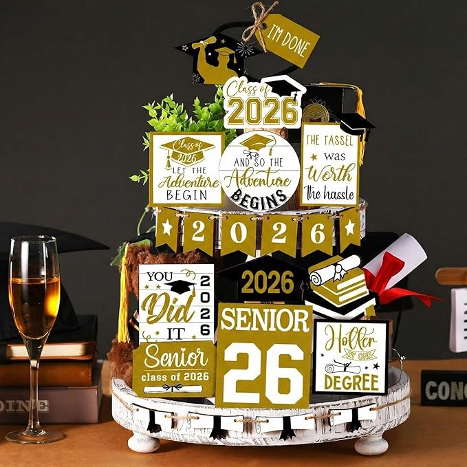 22 Pcs 2026 Graduation Tiered Tray Decor Sets Wooden Graduation Class of 2026 Table Decorations Senior 2026 Gown Diploma Farmhouse Signs for Home Shelf Party Office Desk(Gold)