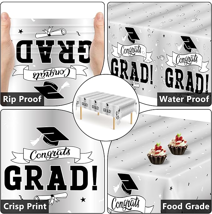 QZYL 2 Pcs 2026 Graduation Table Decorations, 108" X 54" Silver Graduation Table Cloths, Rectangle Tablecloth for Grad Party Supplies, Disposable Plastic Tablecover for Class 2026 Congrats Grad