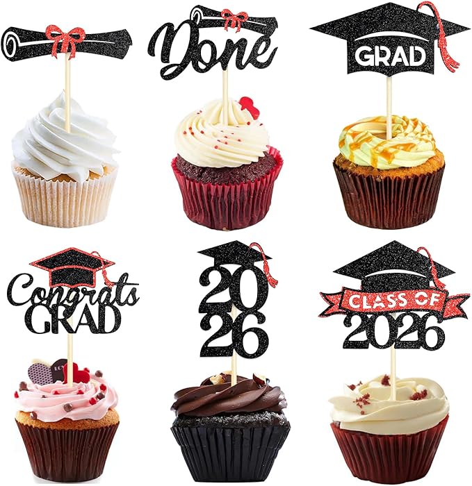 24 Pack 2026 Congrats Grad Cupcake Toppers Set, Graduation Cupcake Decor, Class of 2026 Cupcake Picks for Senior High School College Grad Party Decorations Supplies(Black with Red) A