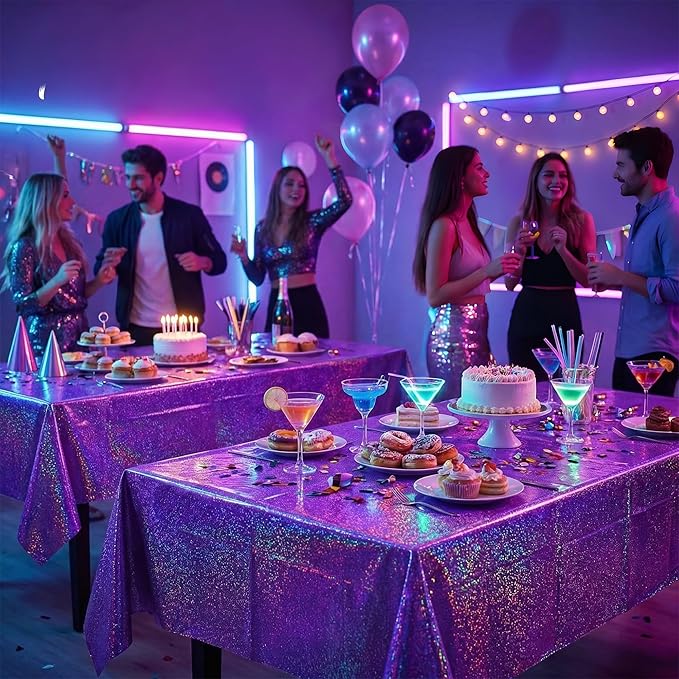 Purple Birthday Decorations - 2 Pack Laser Purple Tablecloth for K‑Style Demon Music Theme Birthday Decorations - Pink Party Decor for Korean Pop,Iridescent Party Decorations for Bachelorette Bridal