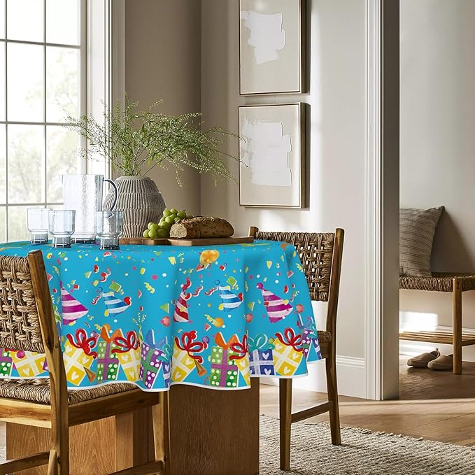 Horaldaily Birthday Tablecloth 60x60 Inch Round, Happy Birthday Ballon Blue Washable Seasonal Table Cover for Party Picnic Dinner Decor