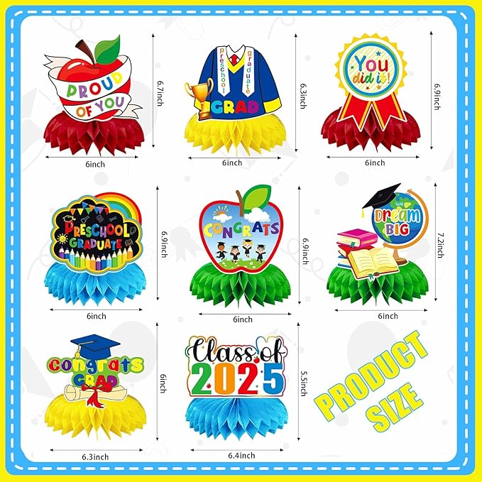 JULMELON 8PCS Preschool Graduation Party Decorations 2026 Honeycomb Centerpiece, 3D Kindergarten Graduations Centerpieces for Tables Congrats Grad Table Toppers for Prek Graduation Party Supplies