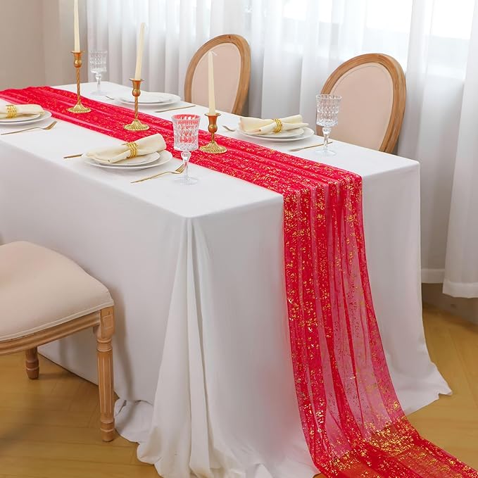Snowkingdom Red Gold Table Runner Gauze 10FT Sparkly Sequin Glitter Sheer Chiffon Cheesecloth Runner 120 Inch Home Party Decorations for Wedding Anniversary Birthday Graduation Christmas Holiday