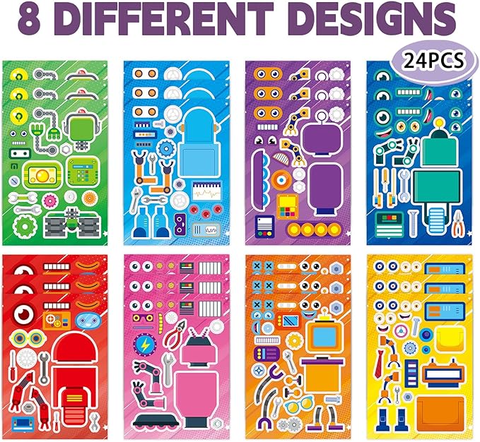 24 Sheets Robot Make a Face Sticker Sheets for Kids Todders Activities, Make Your Own Stickers for Kids Birthday Party Favor Supplies Craft