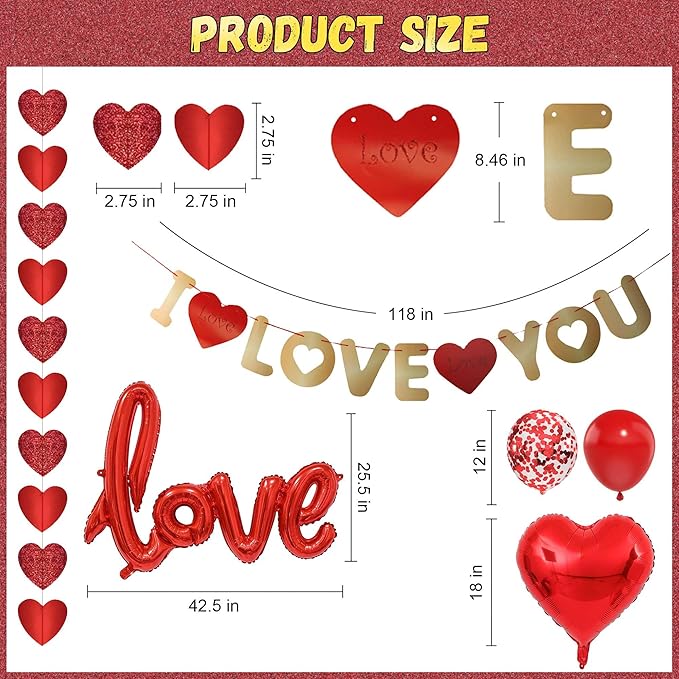 Anniversary Romantic Decorations Heart Balloons - 29Pcs Gold I Love You Banner Red Heart Balloon and Rose Petals For Engagement Wedding Anniversary Valentines Day Decor Supplies