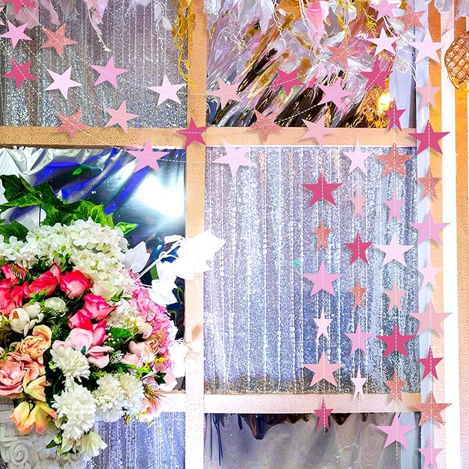 Patelai Glitter Star Garland Banner 2026 Graduation Decor 130 Feet Star Hanging Banner Twinkle Backdrop for Party Birthday Classroom Wedding Supplies(Pink,Purple)
