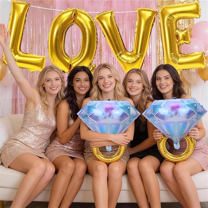 40inch Gold Love Balloons with 2pcs Diamond Ring Foil Balloons, Large Love Letters Engagement Ring Mylar Balloons for Valentines Day Wedding Bridal Shower Anniversary Proposal Marriage Decorations