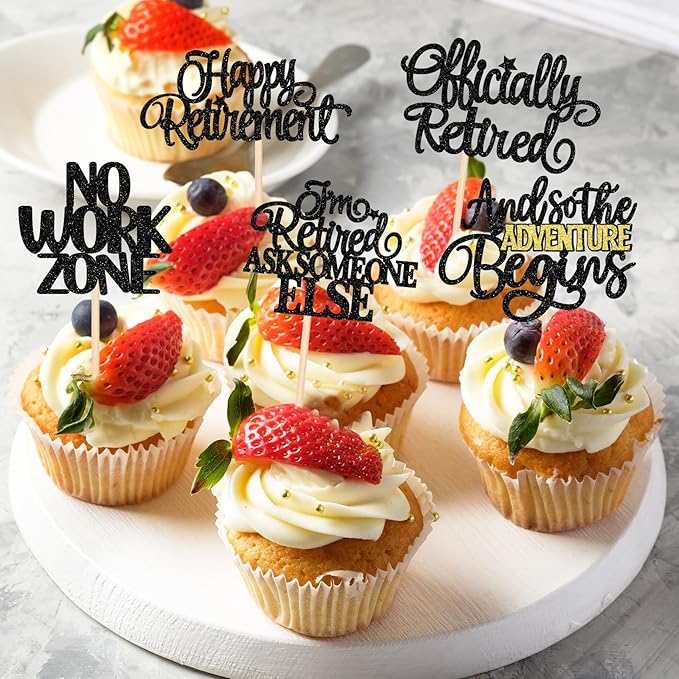 30 PCS Happy Retirement Cupcake Toppers Officially Retired No Work Zone Adventure Begins Cupcake Picks for Retirement Theme Farewell Birthday Party Cake Decorations Supplies Black