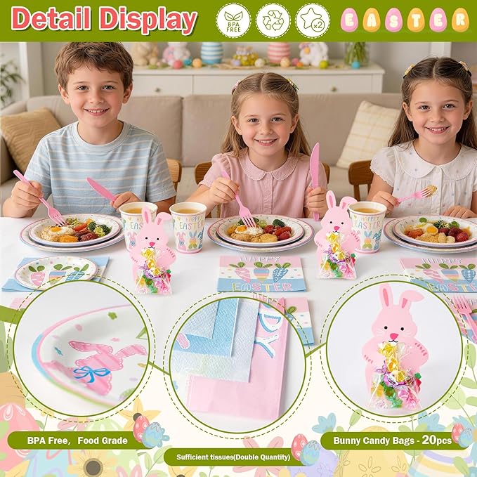 Mostop 160 Pcs Easter Tableware Set Party Supplies for 20 Guests Disposable Paper Plates, Cups, Napkins Forks Set Decorations for Easter Party Spring Holiday Picnics